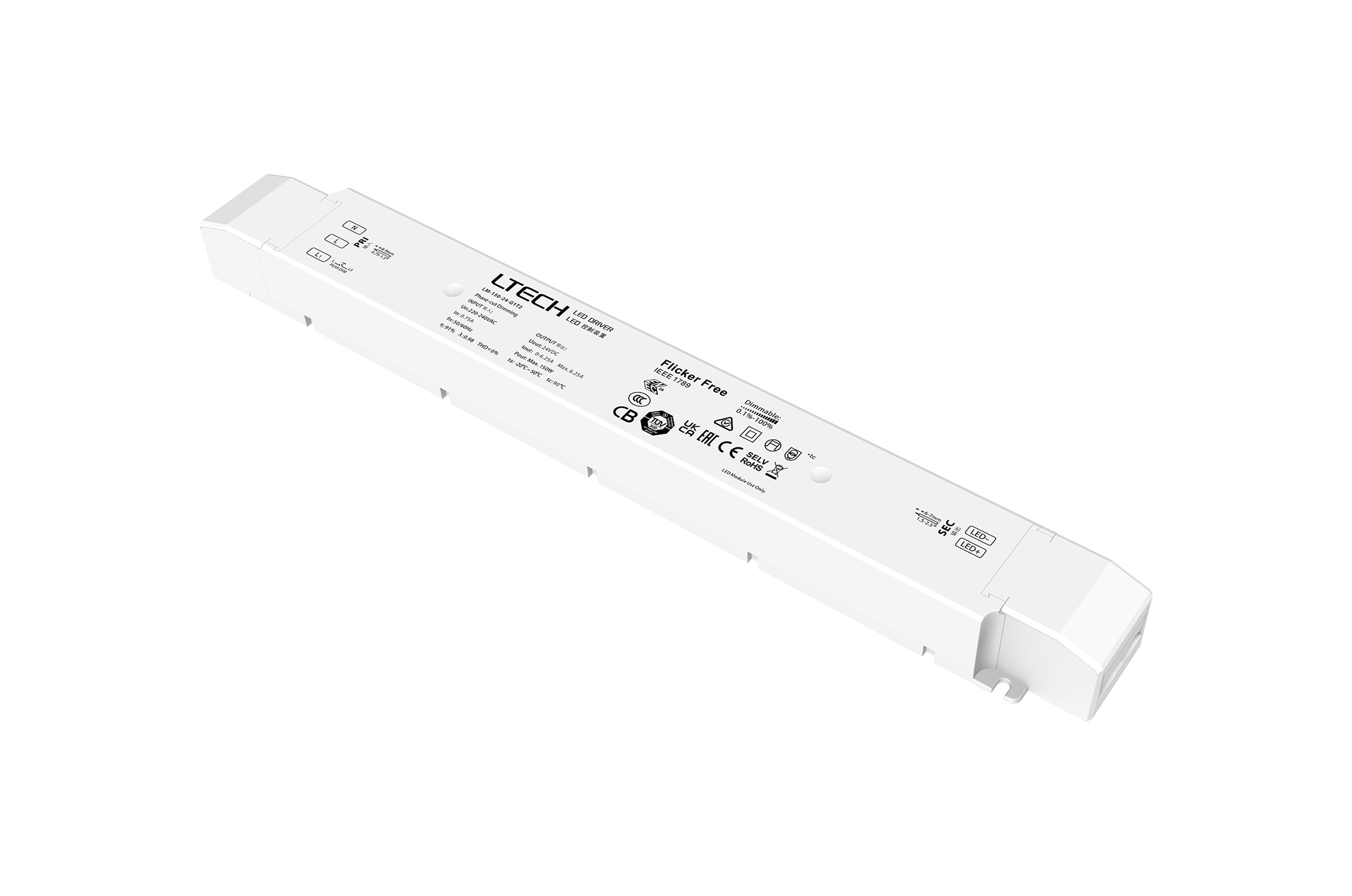 LM-150-24-G1T2  Leading edge (Triac), Trailing edge (ELV) Phase-cut and Push DIM/CCT, 0-100% Dim, Constant Voltage 150W, 24Vdc 6.25A, 200-240Vac, IP20, 5yrs Warranty.